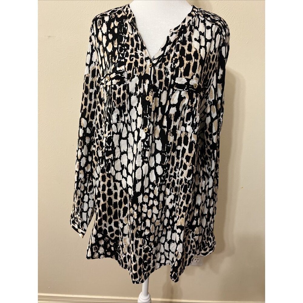 Women’s Vintage Calvin Klein Animal Print Button Up Long Sleeve Blouse Sz XL